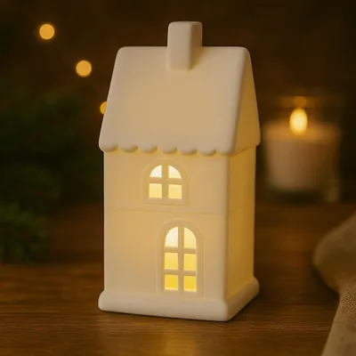 A white ceramic house-shaped lantern with a lit interior sits on a wooden surface, with blurred Christmas lights and a candle in the background.