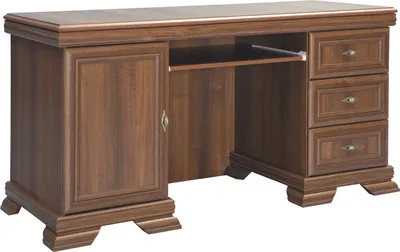 A wooden desk with a cabinet on the left and drawers on the right.