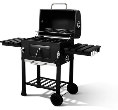 Image de Barbecue au charbon de bois COOKINGBOX Clark avec régulation de la circulation d'air, thermomètre intégré au couvercle et grille en fonte, surface de cuisson de 58 x 37 cm, 2 tablettes latérales