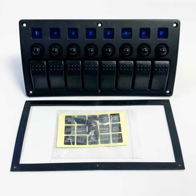 Zdjęcie produktu dla Panel przełączników Geloo 8-pozycyjny, morski, wodoodporny, z przełącznikami kołyskowymi, 12 V/24 V, z niebieską diodą LED, do samochodów, kamperów, łodzi i jachtów