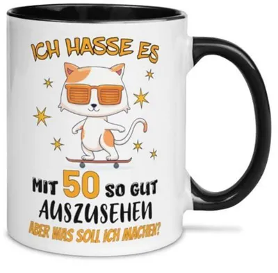 Image de Tasse à café avec inscription pour femmes, pour un 50e anniversaire, motif : chat orange
