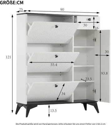 Produktbild von okwish Schuhschrank Schuhbank mit 3 Klappen, 1 Schublade und 1 Tür, Schuhregal, Schuhkipper schmal, Schuhschrank,Maße: H 121 cm/B90 cm/T25cm,weiß