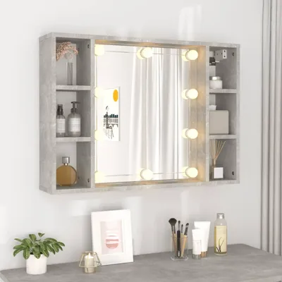 A vanity mirror with lights and shelves, mounted on a wall above a dresser.