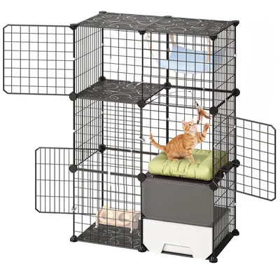 Produktbild von Katzenkäfig - 3-stöckiger Katzenlaufstall - 71,1 x 45,5 x 104,1 cm - Abnehmbarer Metalldrahtkäfig - Mit Katzentoilette - Für 1–2 Katzen und Kleintiere - Schwarz