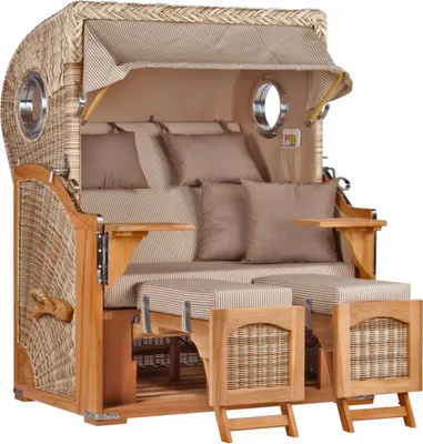 Produktbild von Strandkorb wetterfest Düne Teak Shell 2-Sitzer mit Bullaugen & PE-Geflecht Volllieger