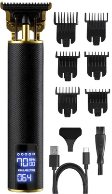A black and gold hair trimmer with multiple attachments and charging cables, displayed against a white background.