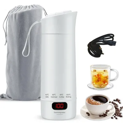 Mini-Reise-Wasserkocher 400 ml, 4 Temperaturstufen, Edelstahl, beige-weiß