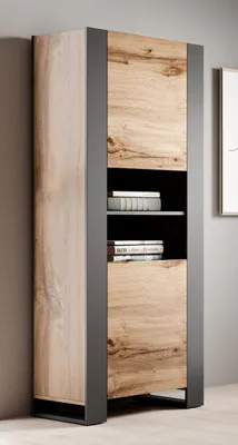 A tall, narrow display cabinet with a wood-grain front and gray sides, standing against a gray wall.