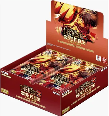 A display box of One Piece TCG card game booster packs.