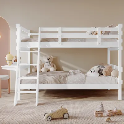 Produktbild von Hochbett mit Schreibtisch und LED-Beleuchtung, 90x200 cm, Kinderbett mit Rausfallschutz, Metallbett