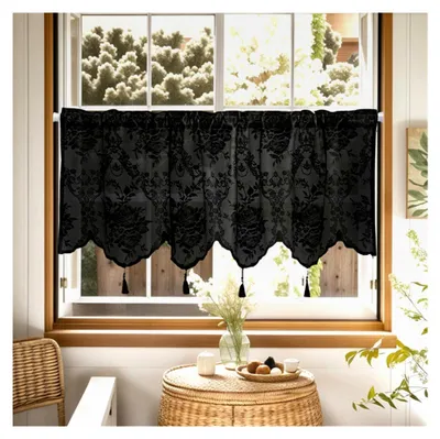 Produktbild von Transparente Scheibengardine aus Jacquard im Landhausstil, Bistrogardine für Küche, Café und Flur, 1 Stück (Schwarz, BxH 132x46cm)