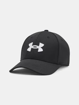 A black Under Armour baseball cap with a white logo is shown against a white background.