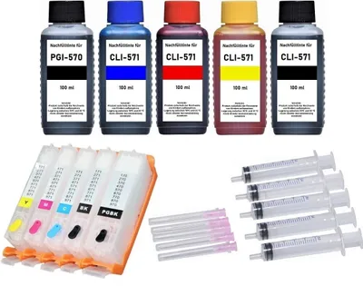 Image de Cartouches d'encre rechargeables comme Canon PGI-570 + CLI-571 - 5 cartouches avec puces de réinitialisation automatique + 500 ml d'encre de recharge black, cyan, magenta, yellow, photo-black pour Pixma MG5750, MG5751, MG5752, MG5753, MG6850, MG6851, MG6852, MG6853, TS5055, TS6050, TS6051, TS6052