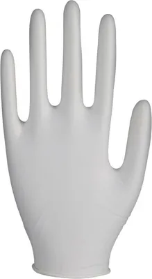 A white disposable glove is shown against a white background.
