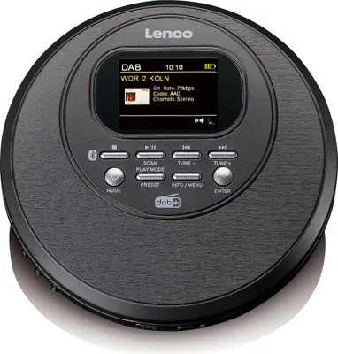 A black Lenco CD player with a screen displaying radio information.