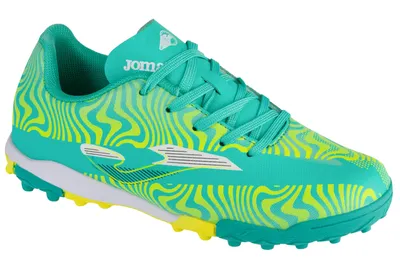 A single green and yellow soccer cleat is shown against a white background.