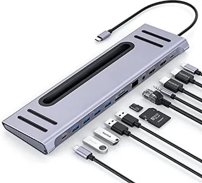 Produktbild von USB-C-Dockingstation, 12-in-1-Dockingstation mit 100W PD, 2 4KHDMI,4USB 3.0 und Gigabit-Ethernet,Kompatibel mit MacBook Pro/Air und anderen Typ-C-Laptops