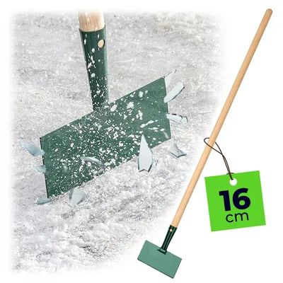 A close-up of an ice chopper breaking ice, with a separate image of the ice chopper with a tag.