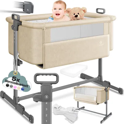 Produktbild von KESSER® Zustellbett Hubi 3in1 Baby Beistellbett Reisebett Babybett mit weich Matratze, mit Rollen Kinderbett, 5-fach Höhenverstellung, Faltbare Seitenwand für zu Hause und unterwegs