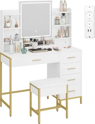 Image de Table de maquillage avec tabouret rembourré, miroir HD, éclairage LED, prise électrique, port USB et tiroirs