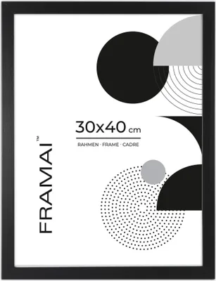 A black picture frame with abstract geometric shapes and text on a white background.