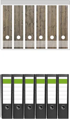 Produktbild von Wallario 6 Stück breite Ordner inkl. Klebeetiketten mit Motive Holzpaneelen in grau braun - Holzmuster mit Maserung -  Set mit Rückenschildern / Ordnerrücken Stickern