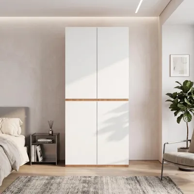 Immagine prodotto di Armadio a colonna con asta appendiabiti, mobile guardaroba con ante e cassetti, mobile alto con spazio contenitivo, dimensioni 90x50x200 cm, colore naturale e bianco, materiale: legno, Immagine generata dall'IA