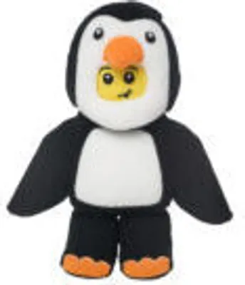 A plush toy penguin with a LEGO character face.