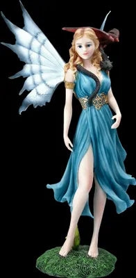 A figurine of a fairy with a dragon on her shoulder.