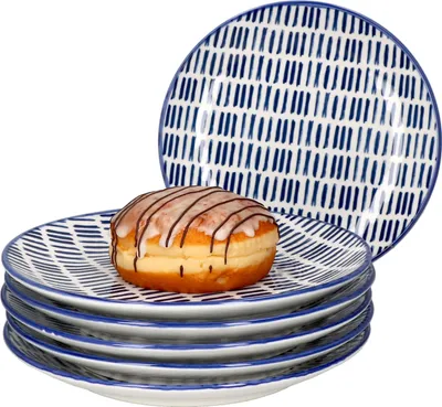 Produktbild von 6er Set Jail Kuchenteller blau-weiß 6 Personen Dessertteller Strich-Dekor