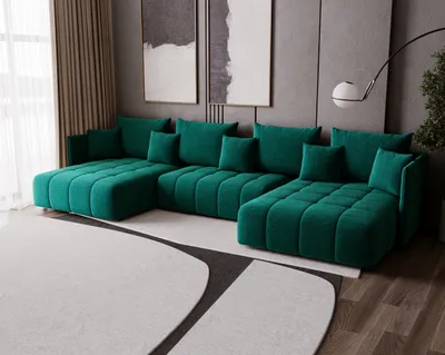 Produktbild von FurMeb24 - U-förmiges Sofa APOLLO Sofa für Wohnzimmer mit Schlaffunktion und Bettzeugablage Grün MONOLITH 37, 346 x 188 cm, Mit Auflage