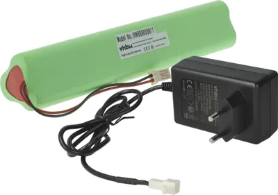 A green battery pack and a black charger are shown on a white background.