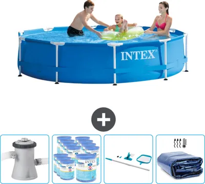 Produktbild von Intex Rundrahmen-Schwimmbecken – 305 x 76 cm – Blau – inklusive Pumpe Filter - Reinigungskit - Sonnensegel