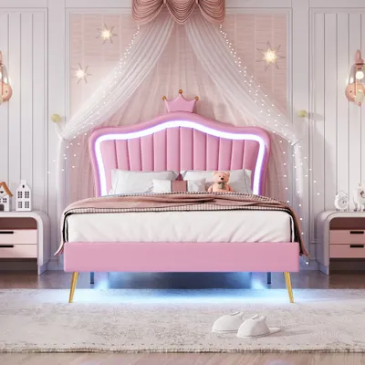 Produktbild von Rosa Kinderbett Polsterbet 90x200cm (Ohne Matratze) Bettgestell für Mädchen, weißes Kronen-Doppelbettgestell aus Kunstleder mit LED-Leuchten