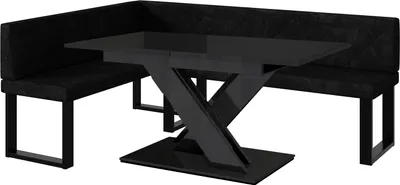 Produktbild von MEBLINI Eckbank für Esszimmer mit ausziehbarem Tisch - Küchenbank - Essecke - Sitzecke Küche - ERIC - U-Beine 142x196x87cm Links - Schwarz Samt/B Schwarz Hochgl.
