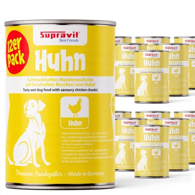 Produktbild von Supravit Hundenassfutter mit Huhn 12 x 410g Dosen | Nassfutter getreidefrei mit hohem Fleischanteil für Hunde
