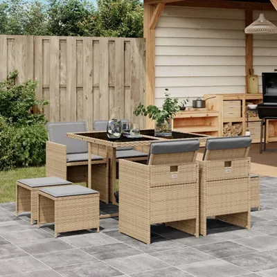 Produktbild von Design 9-tlg. Garten-Essgruppe mit Kissen Beigemischung Poly Rattan, Gartenmöbel-Sets 2024 Neu