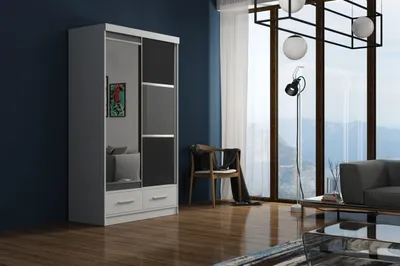 Produktbild von Krudox MARBIS Weiss Kleiderschrank Schiebetüren 120x216x62 cm Spiegel Lacobel Schwarz Grau 1 Kleiderstange 2 Schubladen