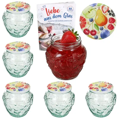 Image de Lot de 6 pots en verre de 580 ml, décorés de motifs de fruits et de confitures, avec couvercles. Référence : TO82