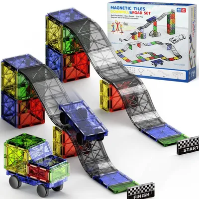 Productafbeelding van Racebaan 2-in-1 - Magnetische Bouwdoos - 40-delige Set - Educatief Speelgoed - Creatief Zintuigspeelgoed - Voor Kinderen vanaf 3 Jaar - Bouwset