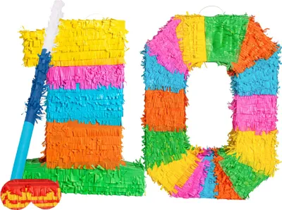 Produktbild von Fax Potato Pinata-Set zum 10. Geburtstag mit Stock und Augenbinde – blauer Stock