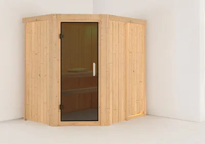 Produktbild von Karibu Sauna Innensauna Saja Eckeinstieg ohne Zubehör 196x151x198 cm ohne Dachkranz mit Graphittür
