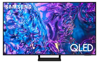 A Samsung QLED TV displaying a colorful abstract image.