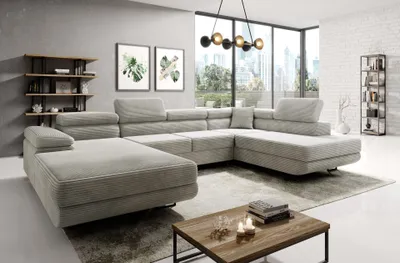 Produktbild von Easy4You Creme Ecksofa Varberg Kord in U-Form 345 x 72 x 205 cm mit Schlaffunktion und Bettzeugbehälter - Schlafsofa mit Bettkasten - Rechts - Eckcouch mit Stauraum - Stoff: Kord Poso 100
