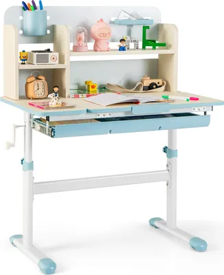 A child's adjustable desk with a hutch, displaying various decorative items and stationery.
