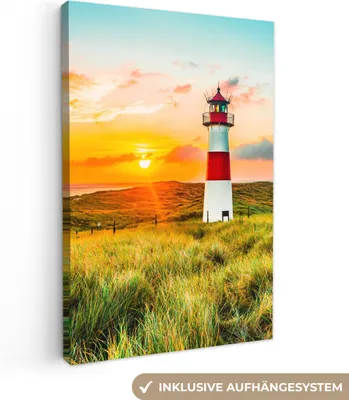Produktbild von MuchoWow® - Leinwandbilder - Leuchtturm - Natur - Sonne - Landschaft - Strand - Meer, Wandbild, Wanddeko Bilder Wohnzimmer, 60x90cm
