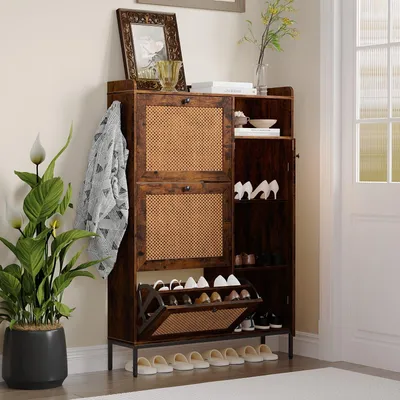 Immagine prodotto di Armadio per scarpe - Porta scarpe - Contenitore per scarpe - Mobile per l'ingresso - 3 cassetti con frontale in vimini