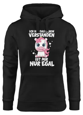 Produktbild von Kapuzen-Pullover Damen Einhorn Aufdruck Ich hab das schon verstanden es ist mir nur egal Hoodie mit Spruch Moonworks® schwarz M