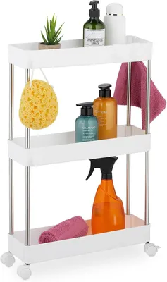 Image de Chariot de cuisine compact - 3 étagères - Cuisine, salle de bain et petits espaces - 62 x 41,5 x 14,5 cm - Chariot de salle de bain - Blanc