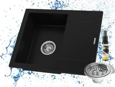 Produktbild von Granitan | GranitSpüle - Spülbecken 1-Kammer - 57x47 cm - Rechteckig - Schwarz - mit Siphon - mit Abtropfgestell - BELLO